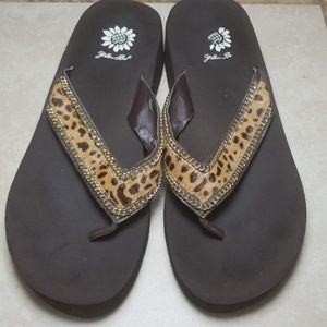 Yellow Box cheetah print wedges flip flops